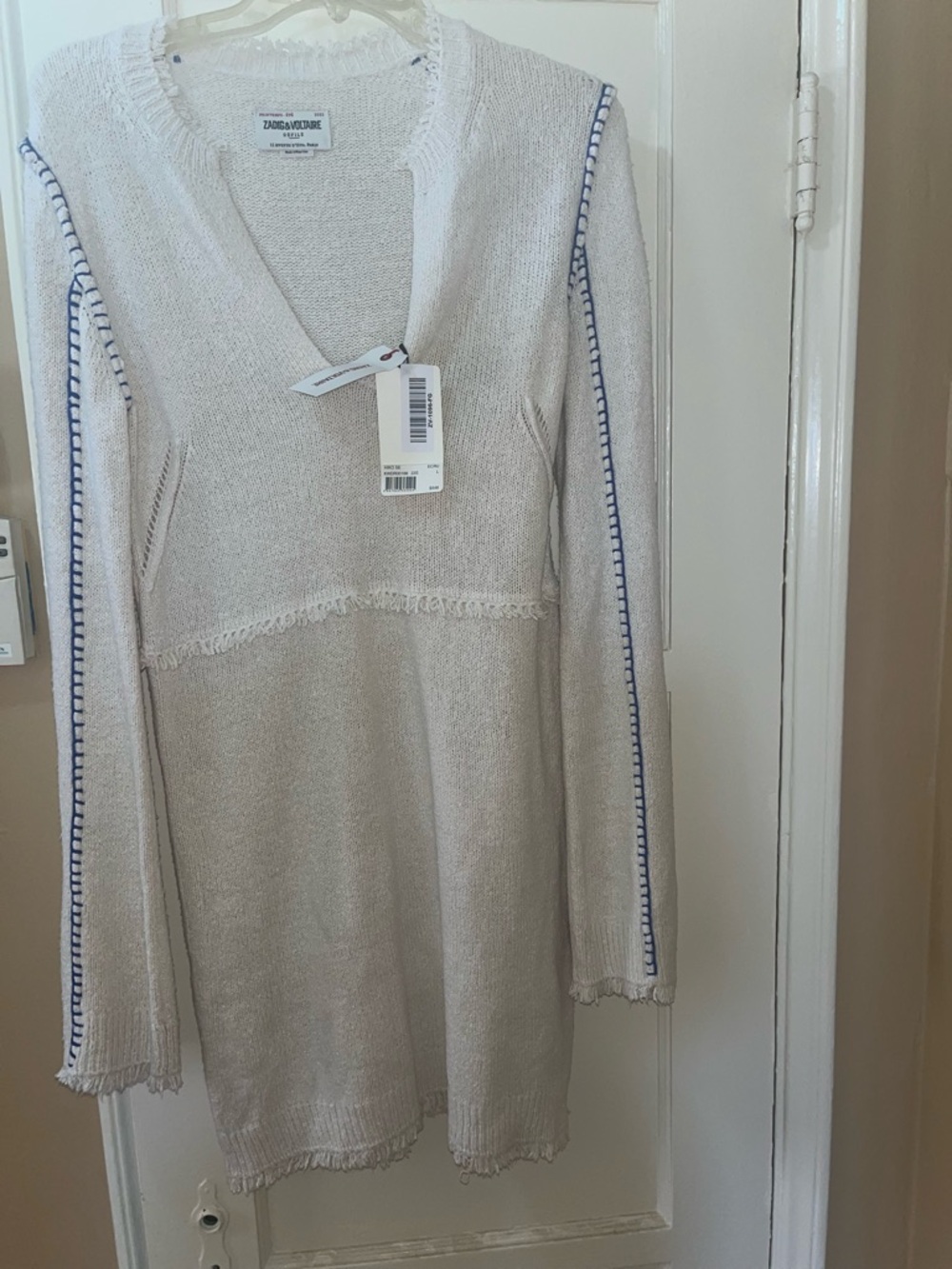 Zadig & Voltaire Hiko Dress Ecru with Blue Trim size Large